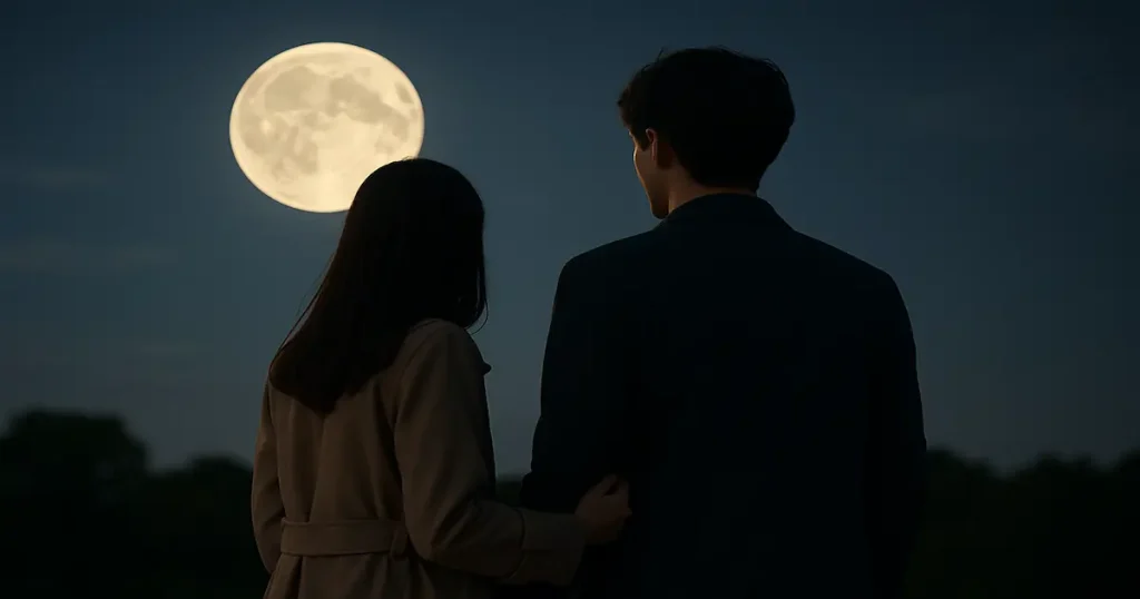 手をそっと重ねるふたりと背景に浮かぶ満月の夜景