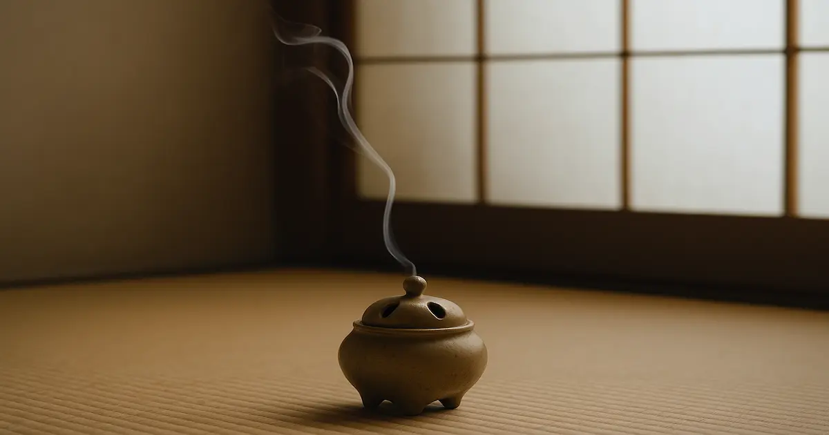 障子を背景に、香炉から静かに煙が立ちのぼる和の風景