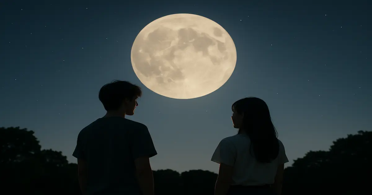 夜空に浮かぶ満月を見上げる男女のシルエット