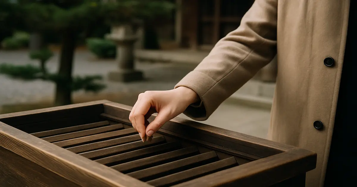 神社の賽銭箱に静かにお賽銭を差し入れる手元