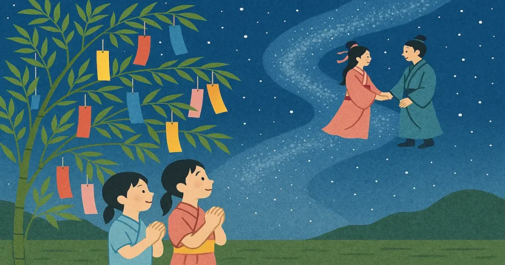七夕の夜空の下、願いごとを飾った笹と出会う織姫と彦星の姿を描いた伝統的な日本風のイラスト