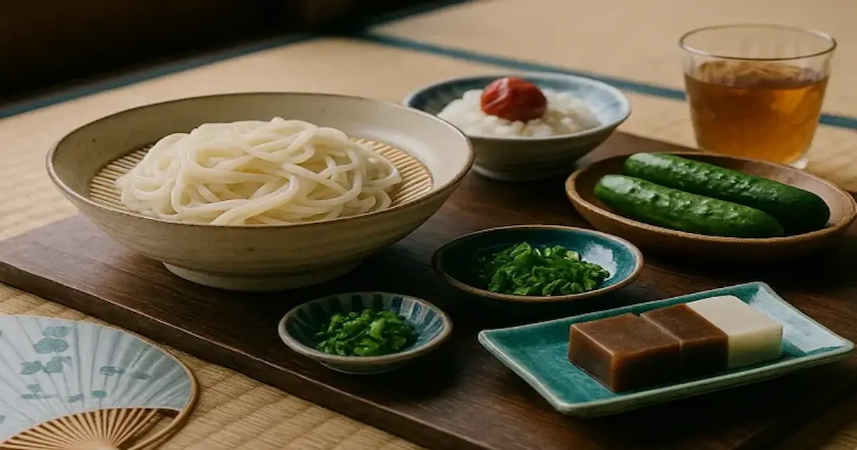 うどん、梅干しご飯、きゅうり、ういろうなど「う」のつく食材を和室に並べた夏の食卓。うちわも添えられ、土用の丑の日らしい涼やかな雰囲気を演出。