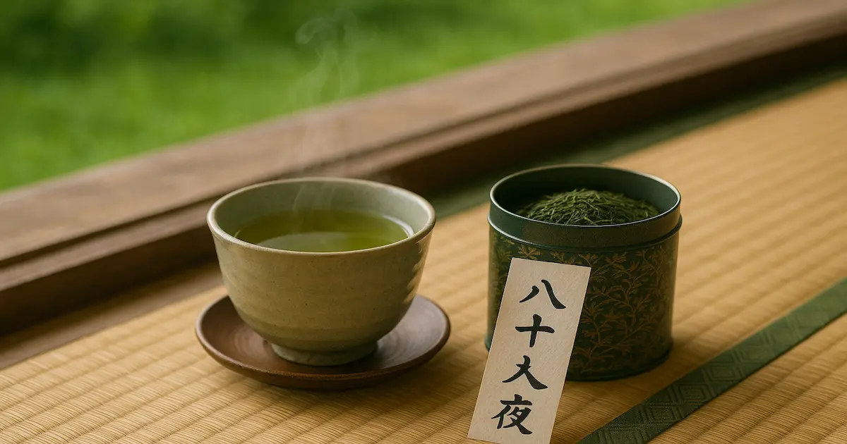 湯気が立ちのぼる湯のみと八十八夜の新茶。縁側で季節を感じる一杯