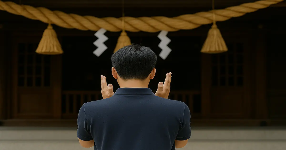 神社の拝殿に向かって柏手を打つ人の姿。