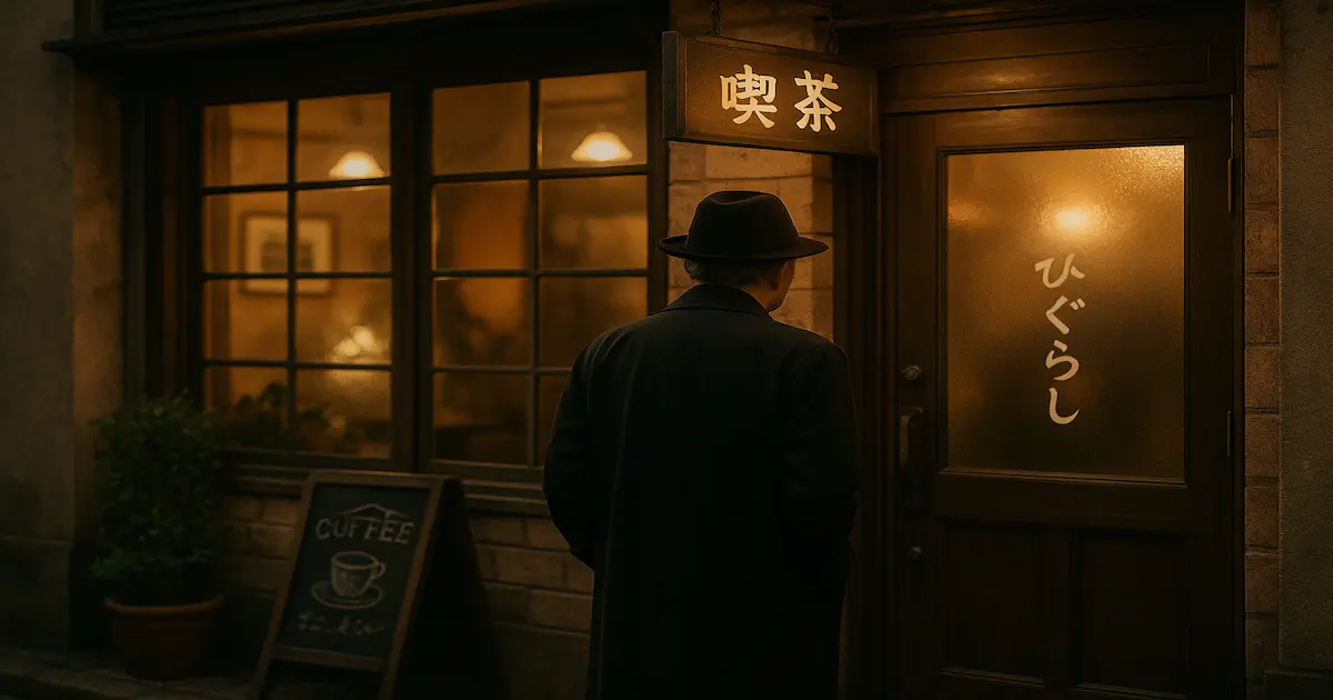 喫茶店の前で立ち止まる中年男性の後ろ姿。店内のあたたかな灯りと、迷いを感じさせる静かな構図
