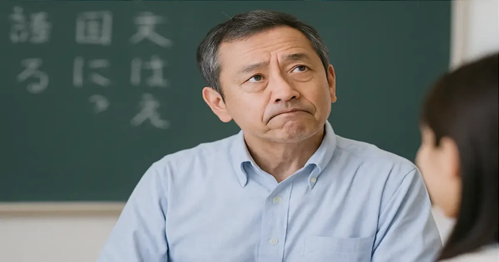 黒板の前で首をかしげる年配の日本人男性が、昔の国語教育を思い出している様子