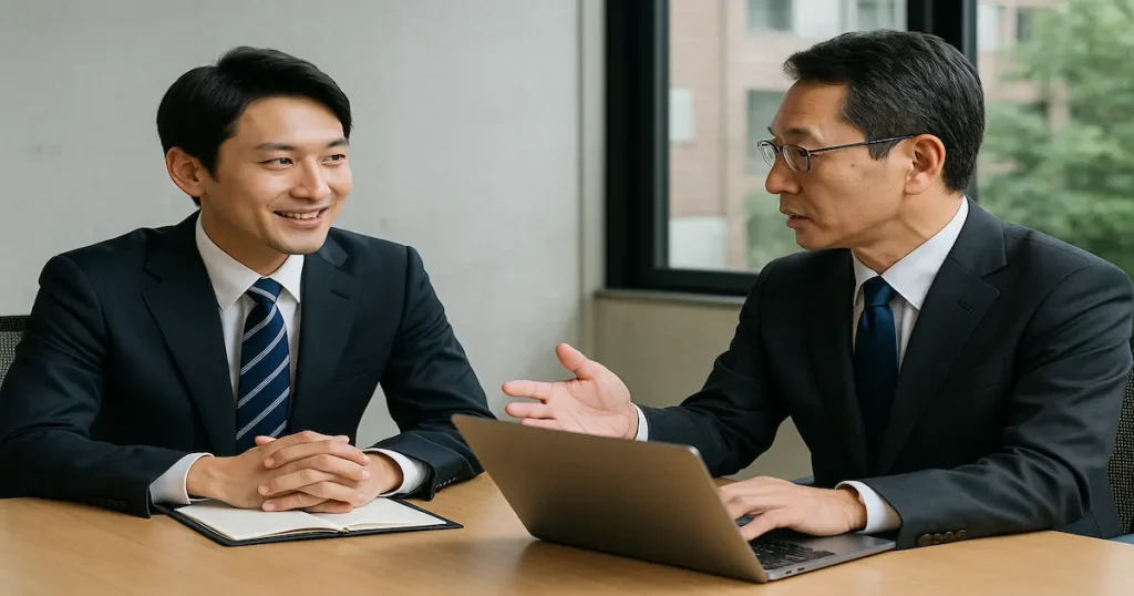 上司と部下が向かい合って打ち合わせをしているビジネスシーン
