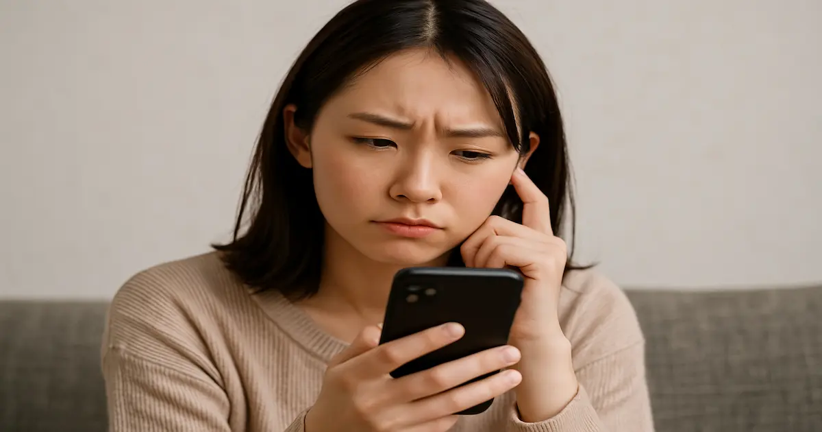 若い女性がスマートフォンを見ながら言葉の使い方に悩んでいる様子