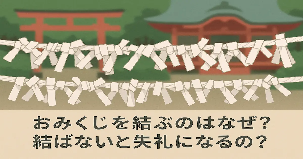 神社の境内で、たくさんのおみくじが縄に結ばれている様子を描いたイラスト。背景には朱色の鳥居と社殿がぼんやりと描かれ、下部に「おみくじを結ぶのはなぜ？結ばないと失礼になるの？」という文字が入っている。